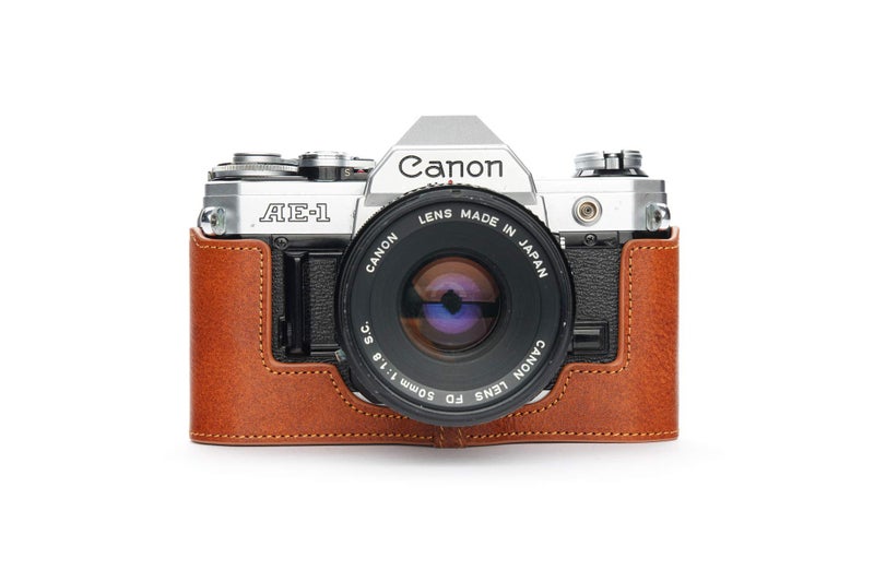 BolinUS A-1 Case, BolinUS Handmade Genuine Real Leather Half Camera Case Bag Cover for Canon AE-1 A-1 (NO Handle) Camera with Hand Strap (LavaBrown) - Image 1